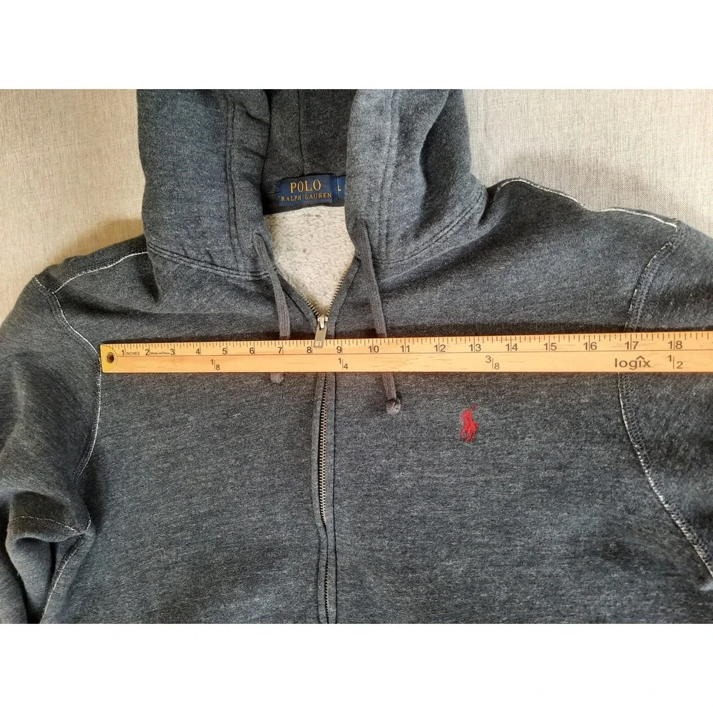 Polo Ralph Lauren Men's Large Heather Gray Full Zip Hoodie Fleece Drawstring SEE